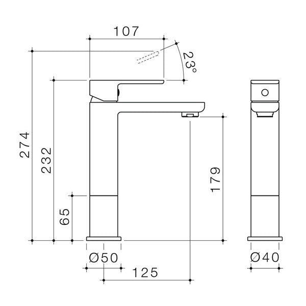 Technical Drawing - Caroma Luna Mid Basin Mixer - The Blue Space