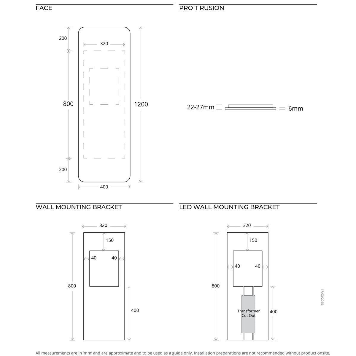 Technical Drawing Marquis Alta Frameless Mirror 400mm x 1200mm ALTA - The Blue Space