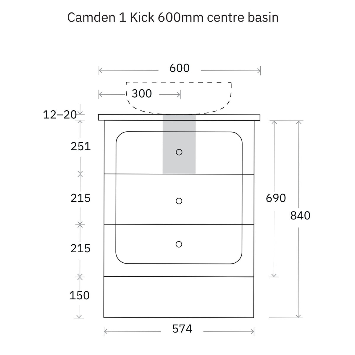 Technical Drawing Marquis Camden Floor Standing Vanity on Kickboard with Symphony Top CAMDEN1-FS-ST - The Blue Space