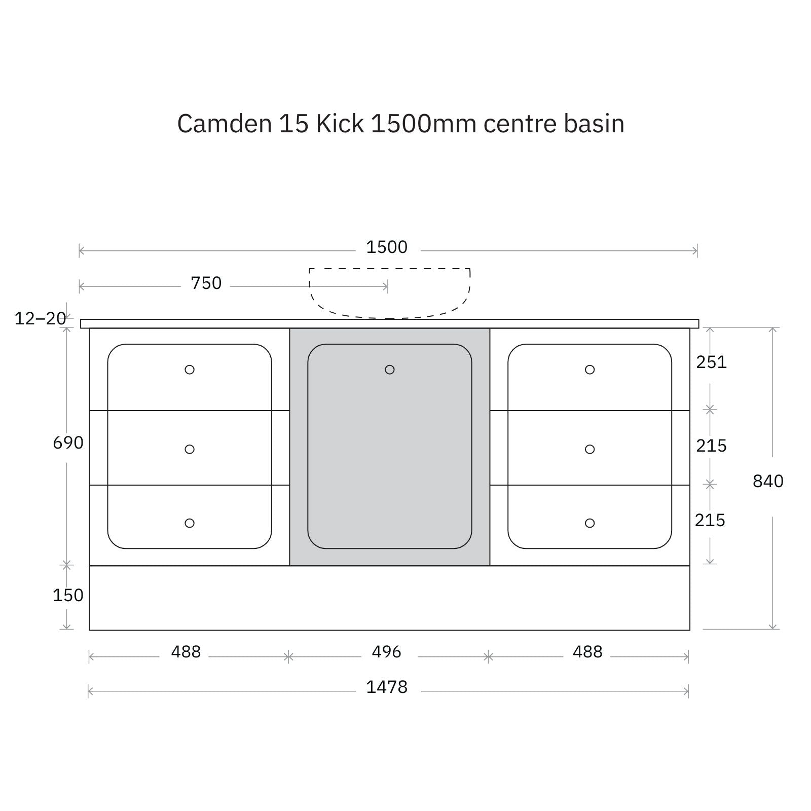 Technical Drawing Marquis Camden Floor Standing Vanity on Kickboard with Symphony Top CAMDEN15-FS-ST - The Blue Space