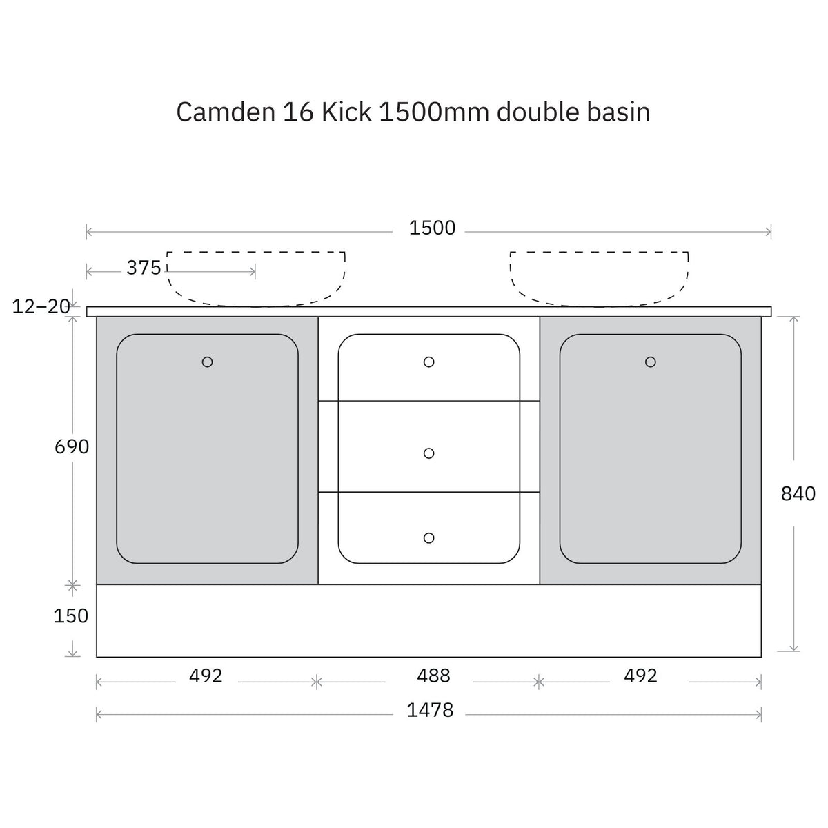 Technical Drawing Marquis Camden Floor Standing Vanity on Kickboard with Symphony Top CAMDEN16-FS-ST - The Blue Space