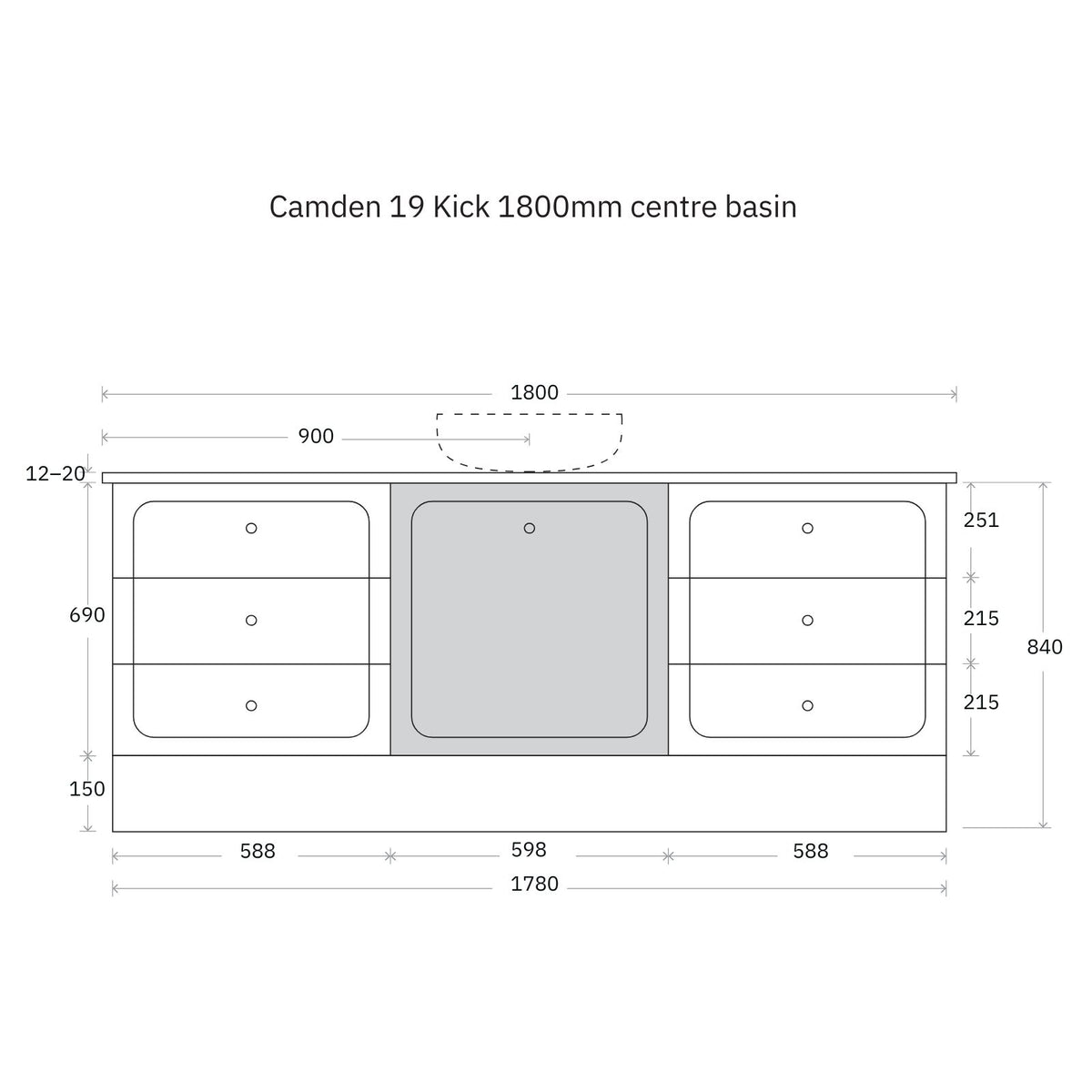 Technical Drawing Marquis Camden Floor Standing Vanity on Kickboard with Symphony Top CAMDEN19-FS-ST - The Blue Space