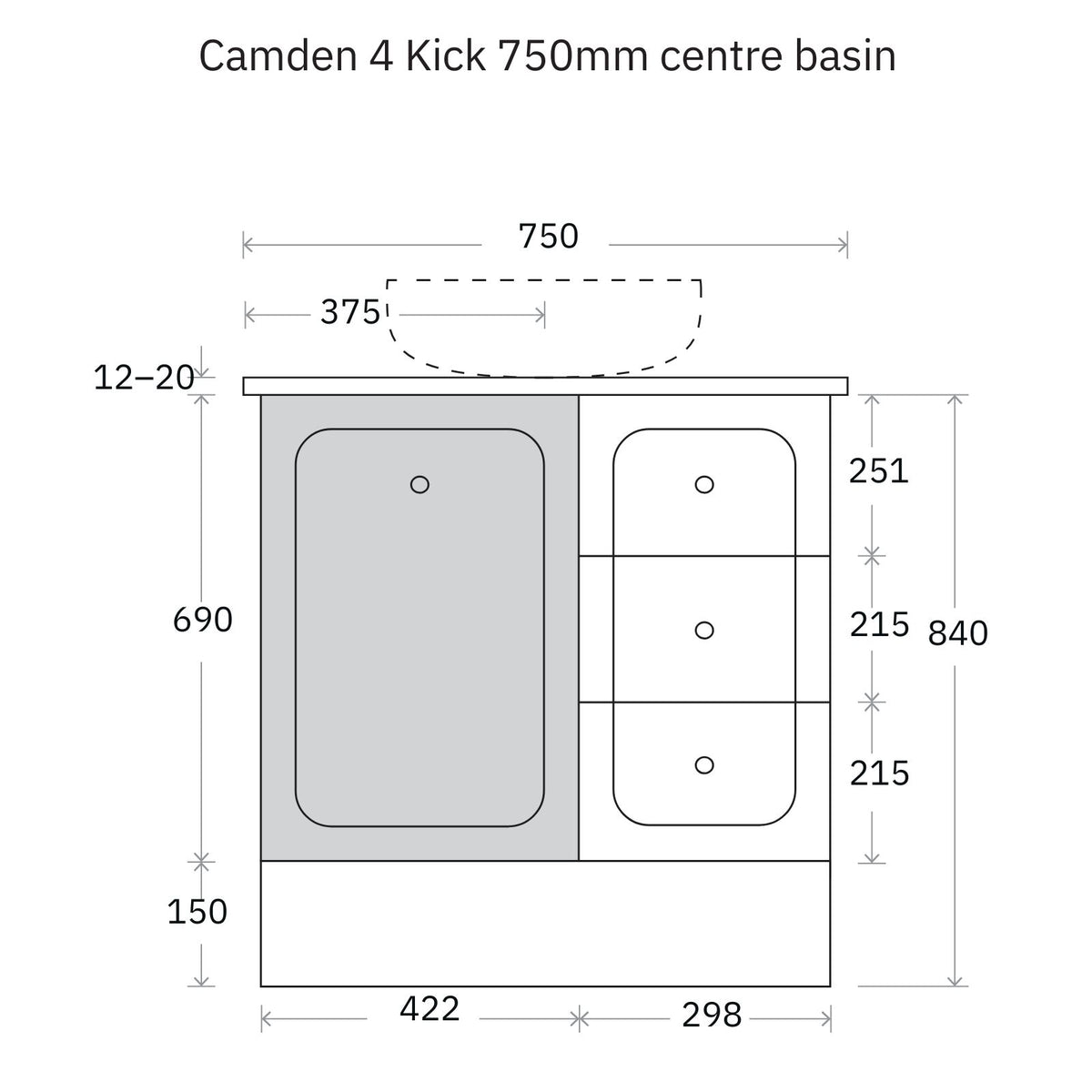 Technical Drawing Marquis Camden Floor Standing Vanity on Kickboard with Symphony Top CAMDEN4-FS-ST - The Blue Space
