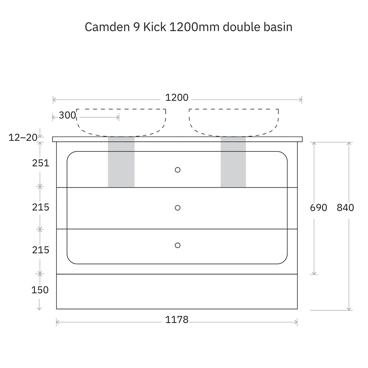 Technical Drawing Marquis Camden Floor Standing Vanity on Kickboard with Symphony Top CAMDEN9-FS-ST - The Blue Space