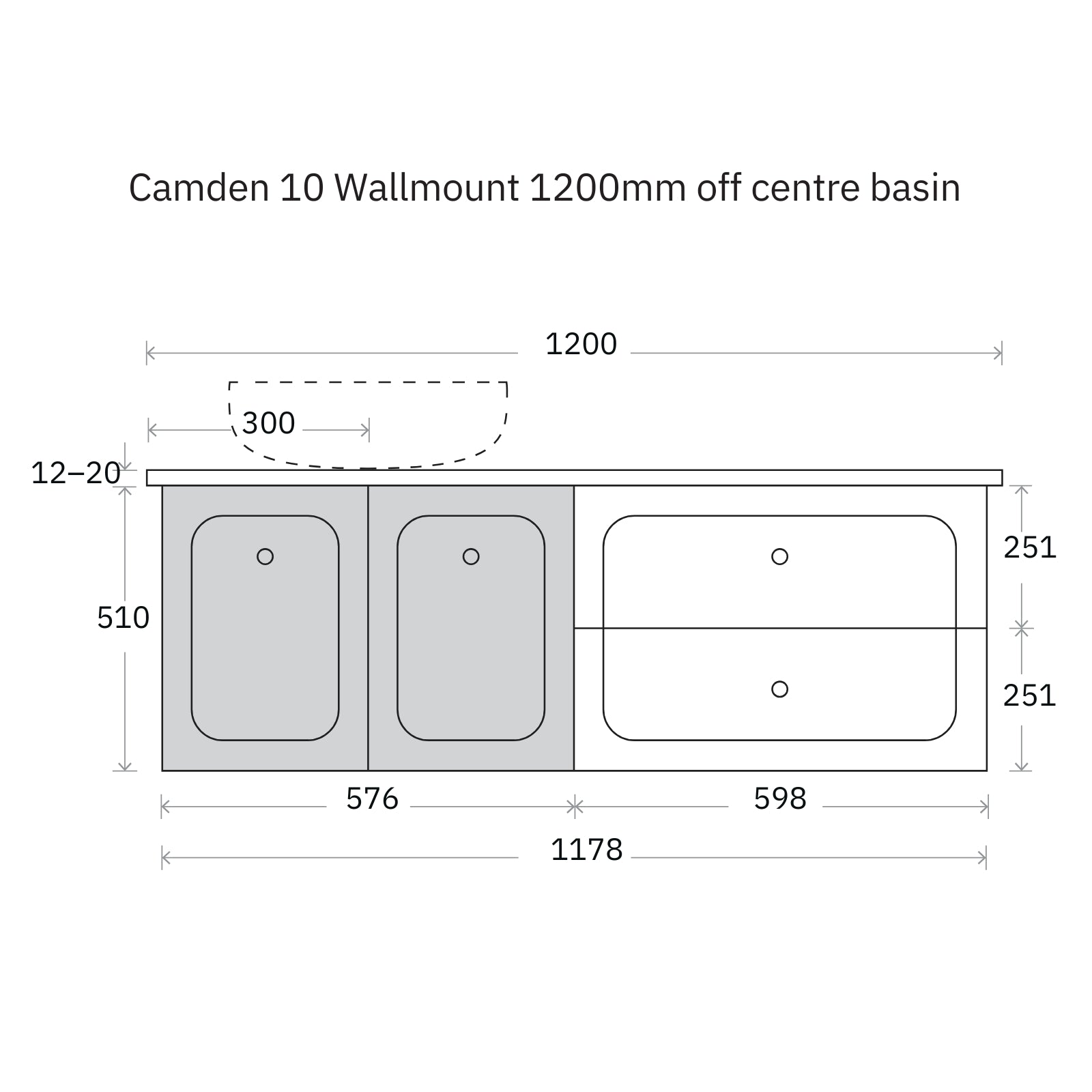 Technical Drawing Marquis Camden Wall Hung Vanity with Caesarstone, Vasari or Dekton Top CAMDEN10-WH - The Blue Space
