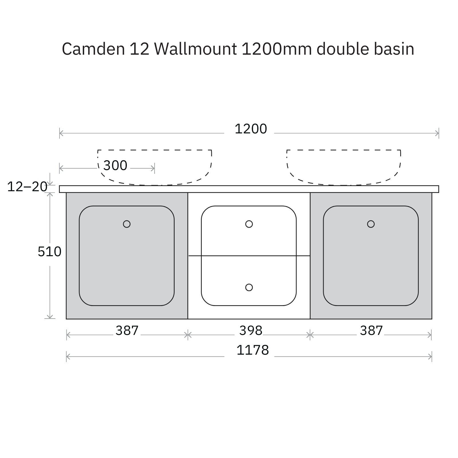 Technical Drawing Marquis Camden Wall Hung Vanity with Caesarstone, Vasari or Dekton Top CAMDEN12-WH - The Blue Space