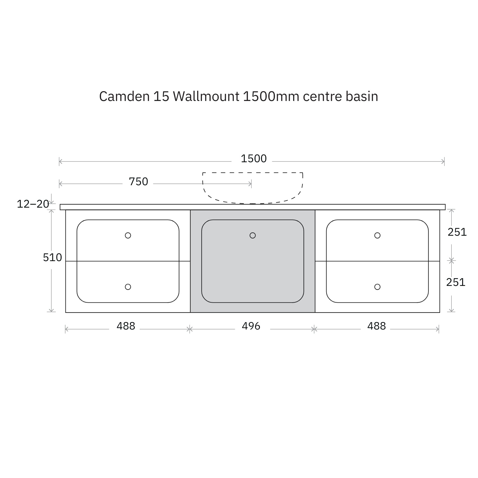 Technical Drawing Marquis Camden Wall Hung Vanity with Caesarstone, Vasari or Dekton Top CAMDEN15-WH - The Blue Space