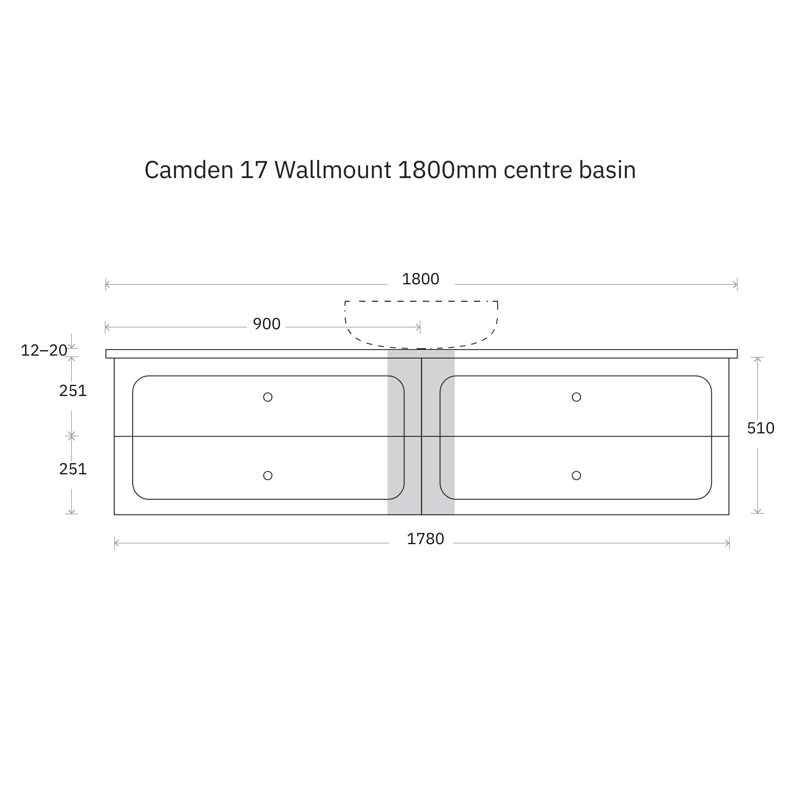 Technical Drawing Marquis Camden Wall Hung Vanity with Caesarstone, Vasari or Dekton Top CAMDEN17-WH - The Blue Space