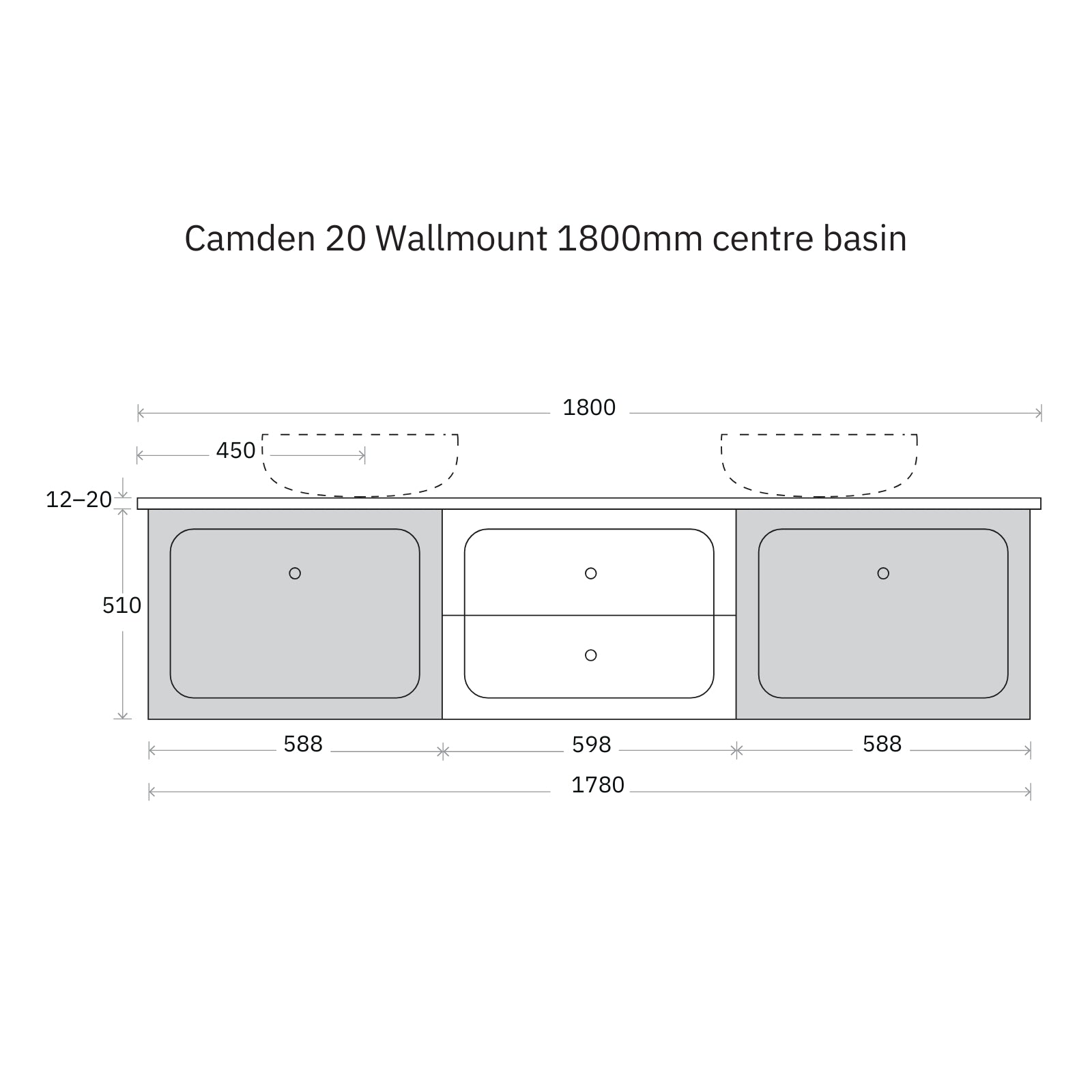 Technical Drawing Marquis Camden Wall Hung Vanity with Caesarstone, Vasari or Dekton Top CAMDEN20-WH - The Blue Space