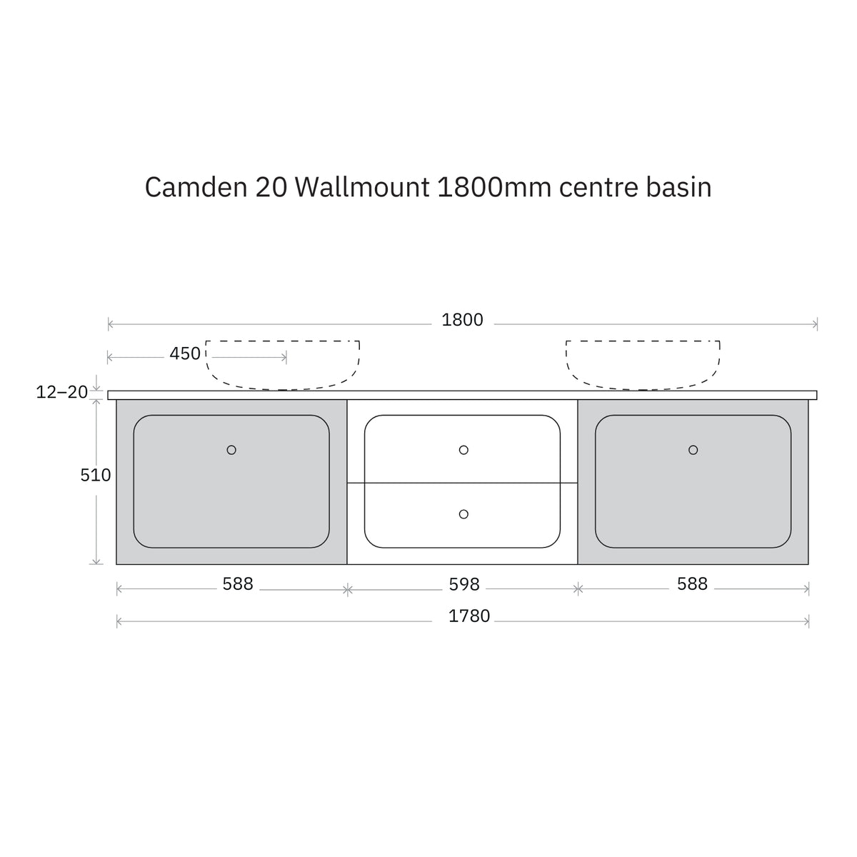 Technical Drawing Marquis Camden Wall Hung Vanity with Caesarstone, Vasari or Dekton Top CAMDEN20-WH - The Blue Space