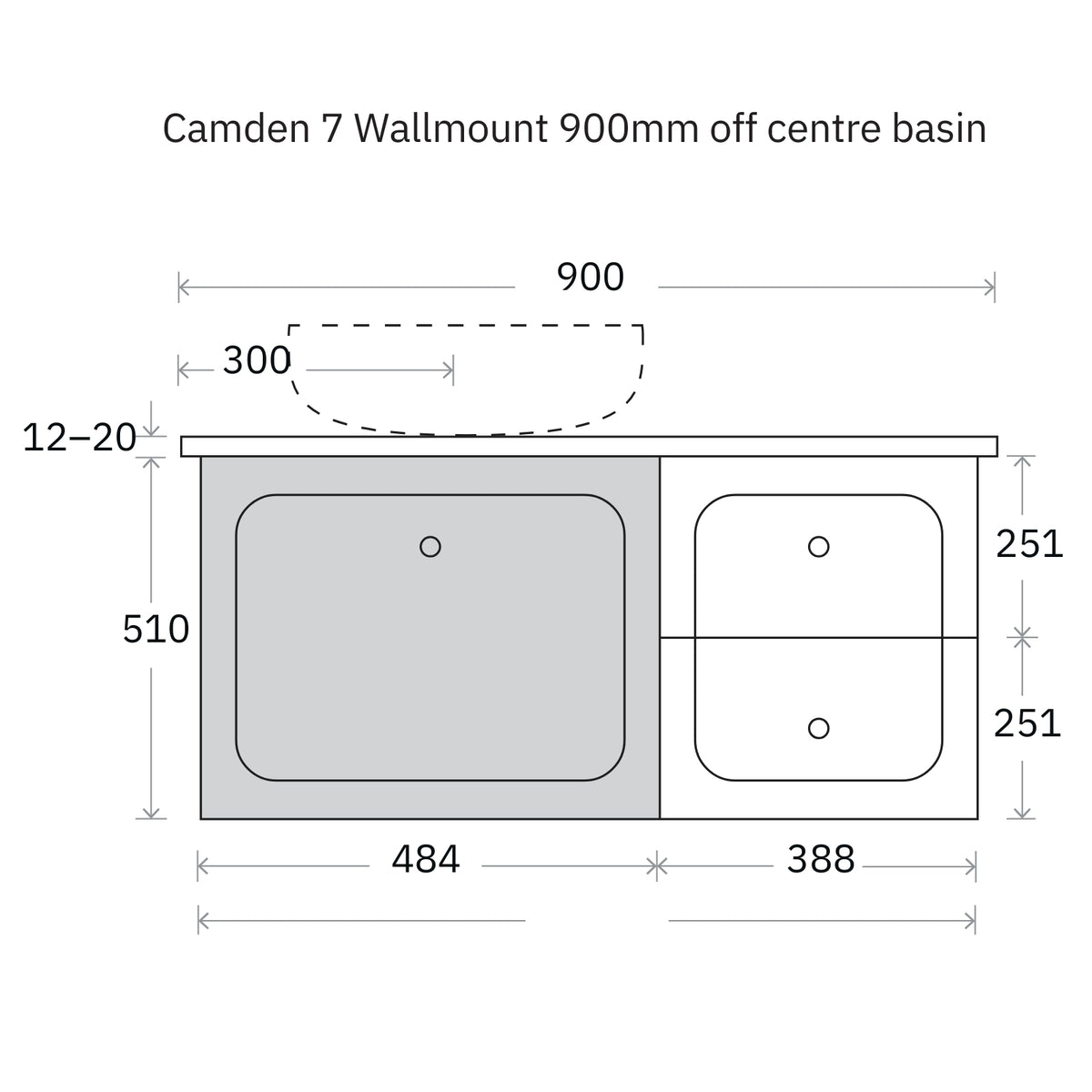 Technical Drawing Marquis Camden Wall Hung Vanity with Caesarstone, Vasari or Dekton Top CAMDEN7-WH - The Blue Space