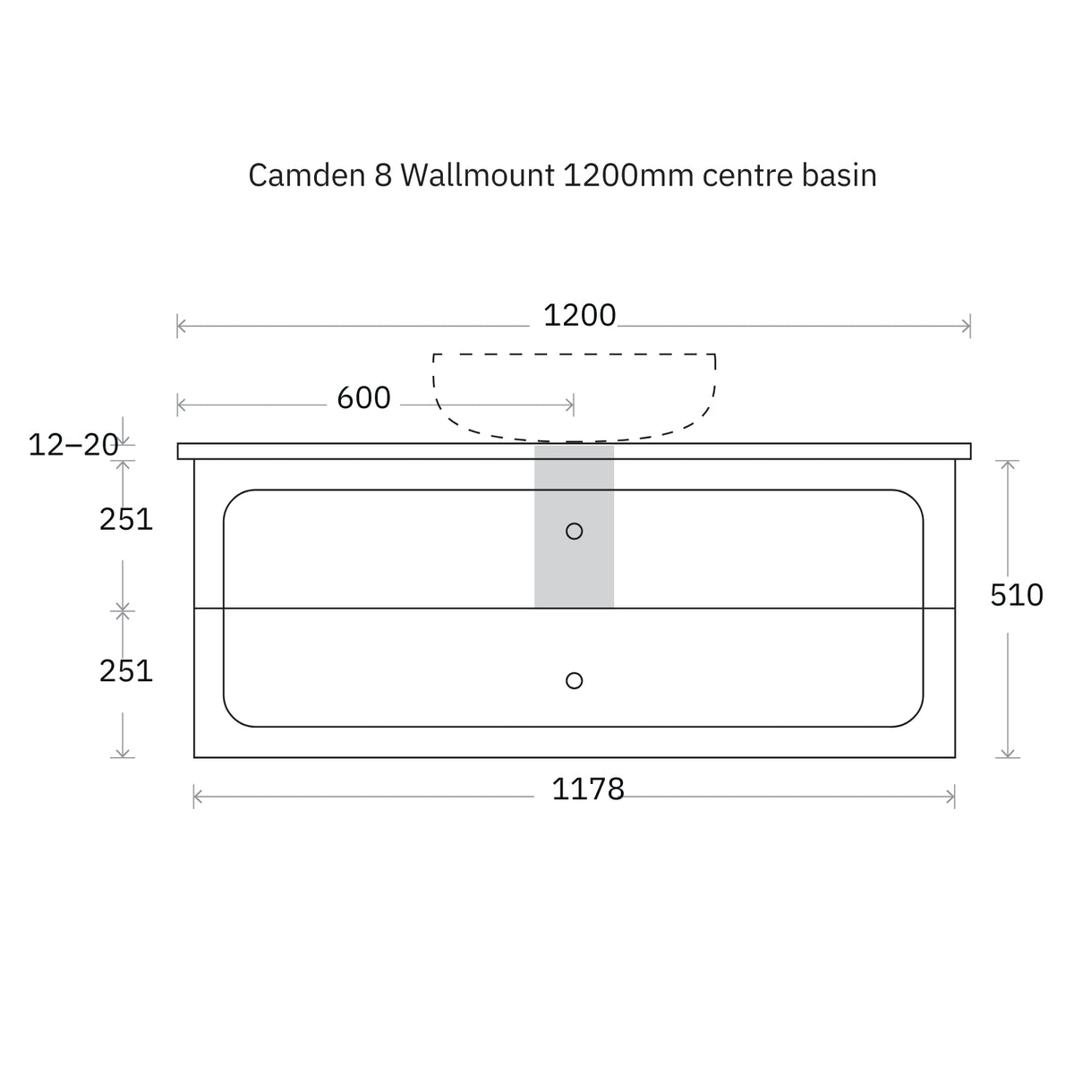 Technical Drawing Marquis Camden Wall Hung Vanity with Caesarstone, Vasari or Dekton Top CAMDEN8-WH - The Blue Space