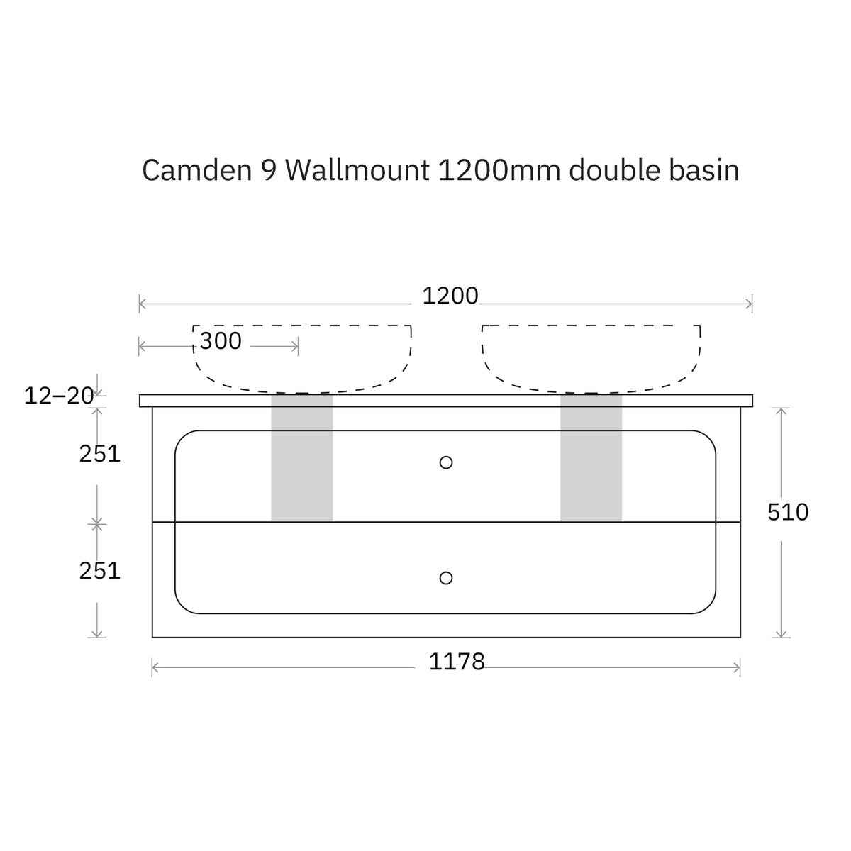 Technical Drawing Marquis Camden Wall Hung Vanity with Caesarstone, Vasari or Dekton Top CAMDEN9-WH - The Blue Space