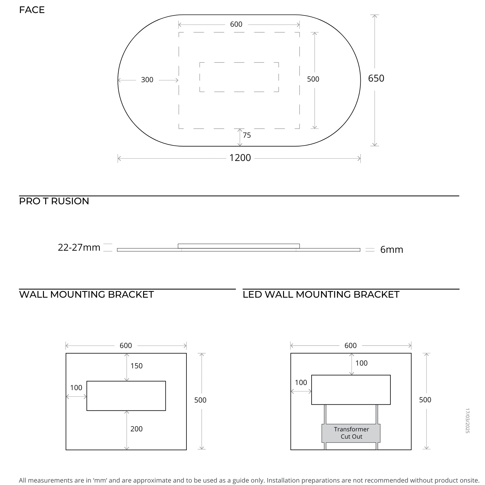 Technical Drawing Marquis Culare Frameless Mirror 1200mm x 650mm CULARE - The Blue Space