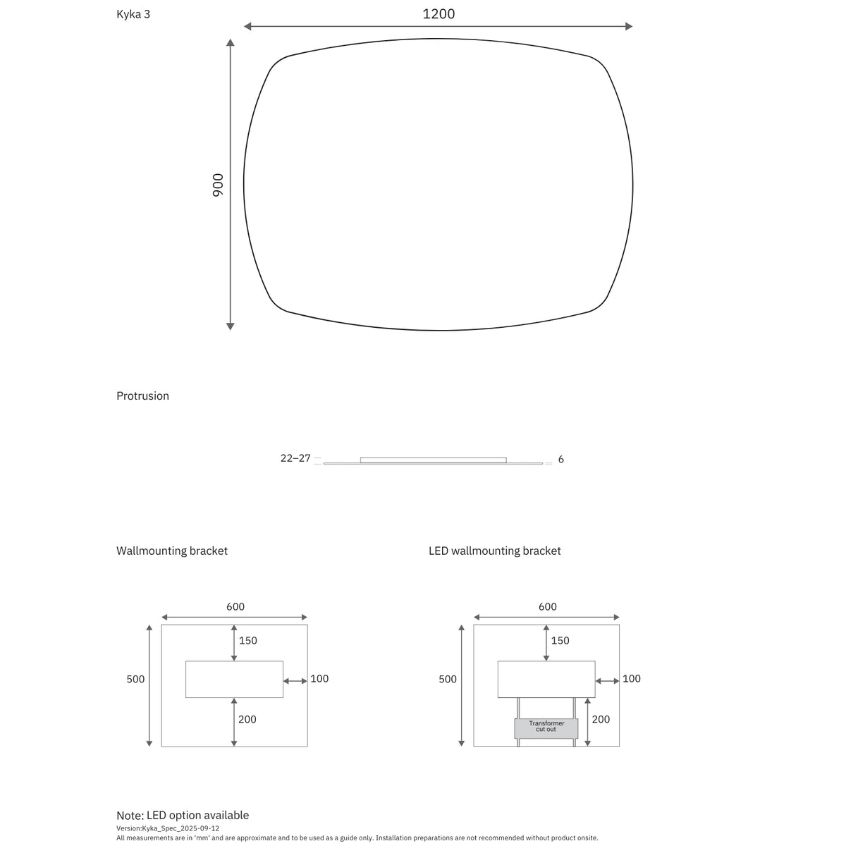 Technical Drawing Marquis Kyka Frameless Mirror 750mm - 1200mm KYKA3 - The Blue Space