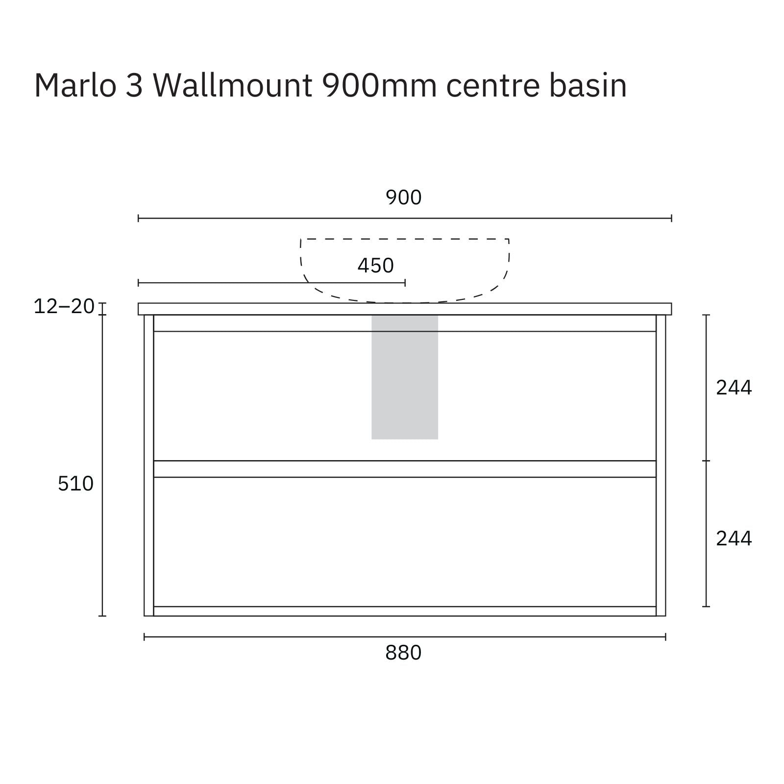 Technical Drawing Marquis Marlo Wall Hung Vanity with Caesarstone, Vasari or Dekton Top MARLO3-WH - The Blue Space