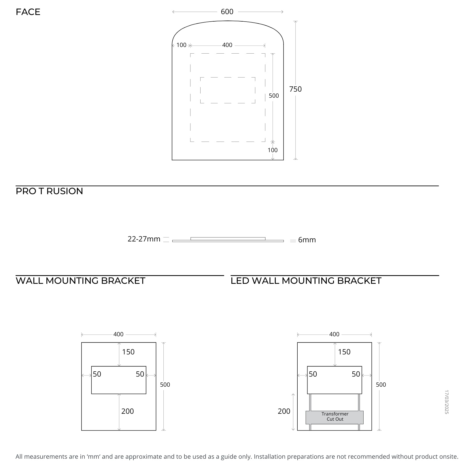 Technical Drawing Marquis Pane Frameless Mirror 600mm - 1200mm PANE600 - The Blue Space