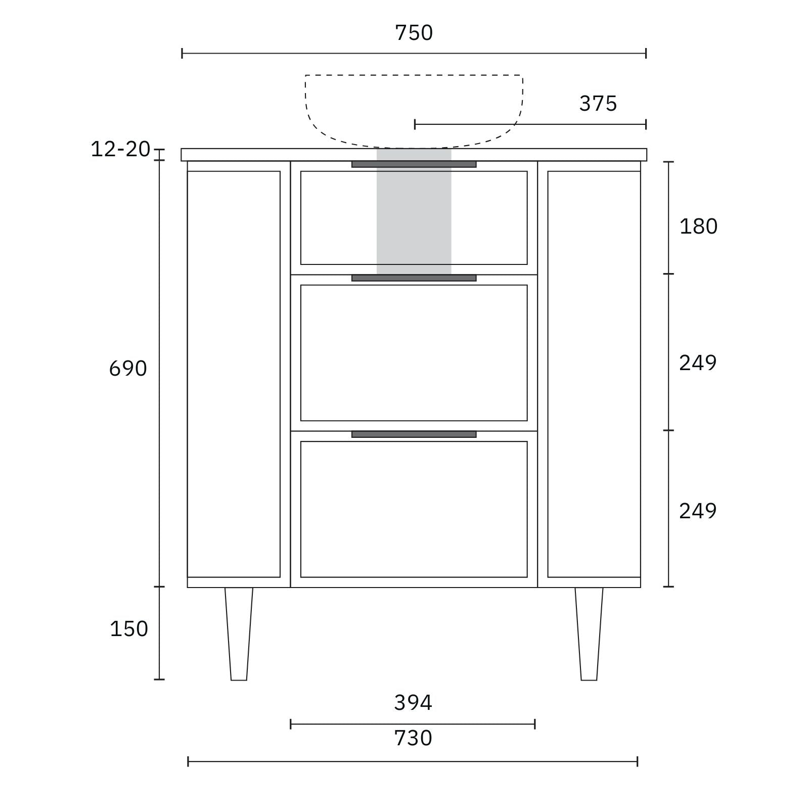 Technical Drawing Marquis Reef Floor Standing Vanity on Legs with Symphony Top REEF1-LEGS-ST - The Blue Space