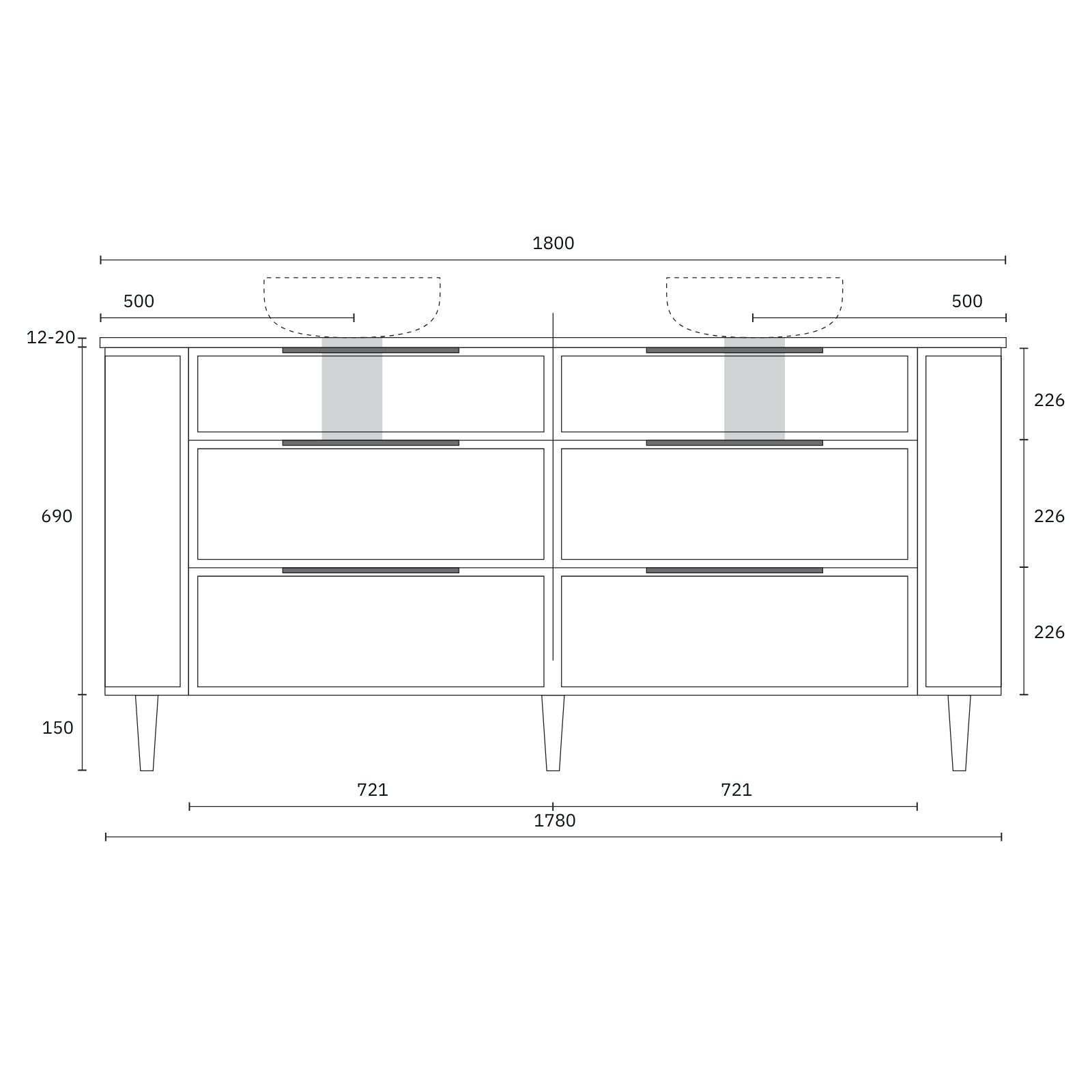 Technical Drawing Marquis Reef Floor Standing Vanity on Legs with Symphony Top REEF10-LEGS-ST - The Blue Space