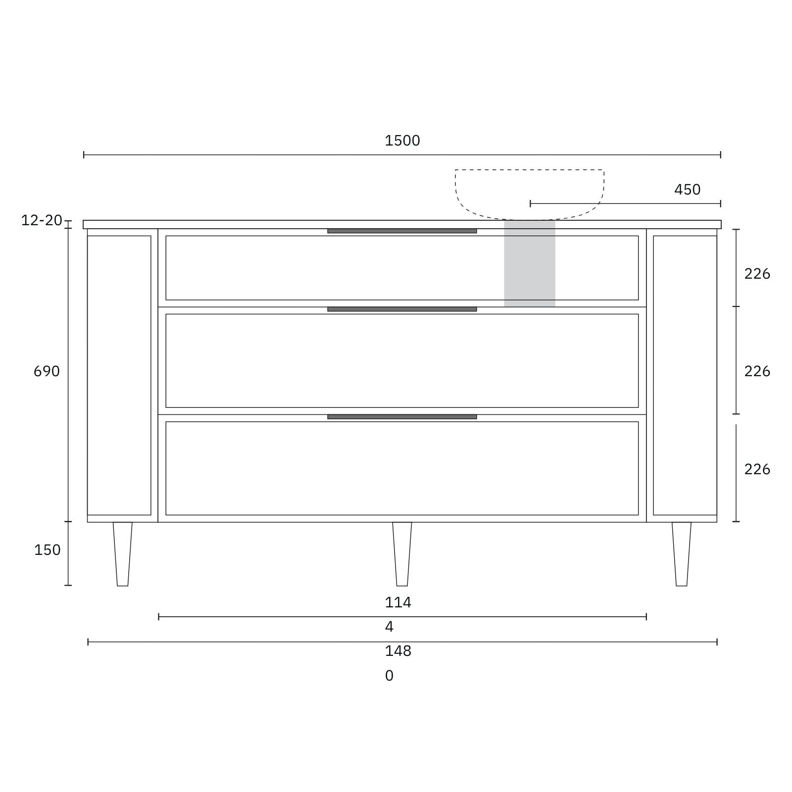 Technical Drawing Marquis Reef Floor Standing Vanity on Legs with Symphony Top REEF5-LEGS-ST - The Blue Space