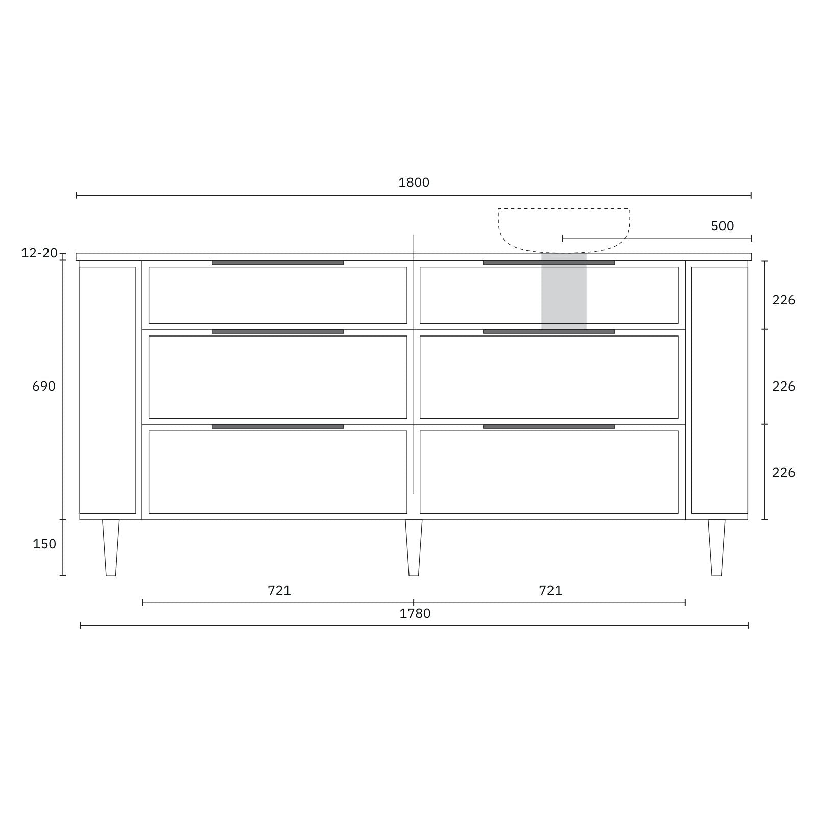 Technical Drawing Marquis Reef Floor Standing Vanity on Legs with Symphony Top REEF9-LEGS-ST - The Blue Space