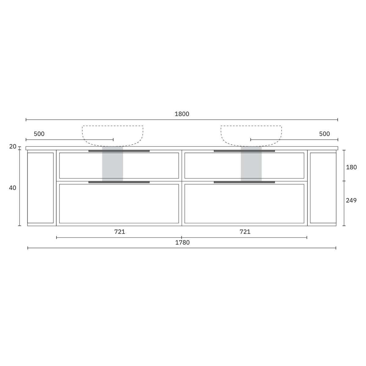 Technical Drawing Marquis Reef Wall Hung Vanity with Symphony Top REEF10-WH-ST - The Blue Space