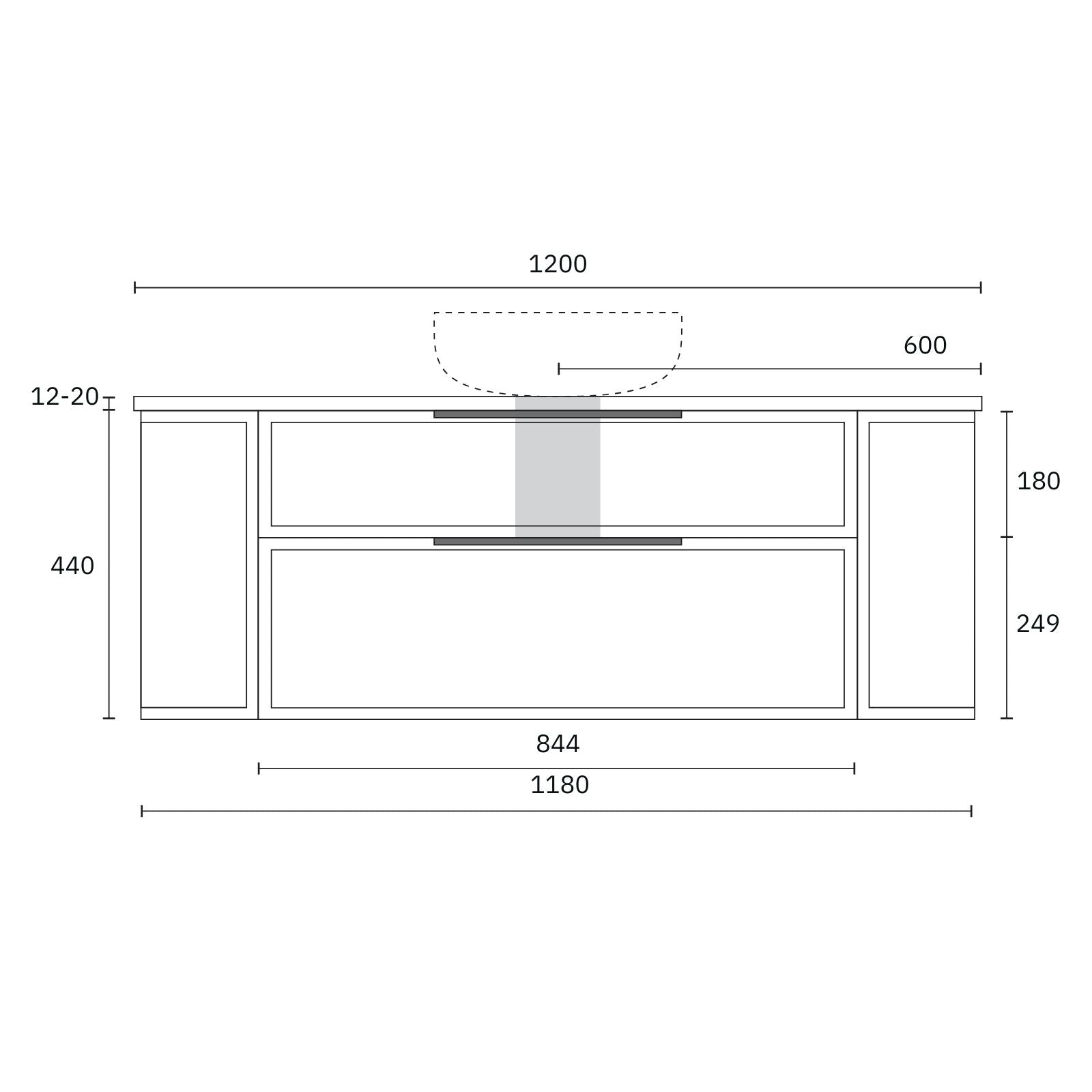 Technical Drawing Marquis Reef Wall Hung Vanity with Symphony Top REEF3-WH-ST - The Blue Space