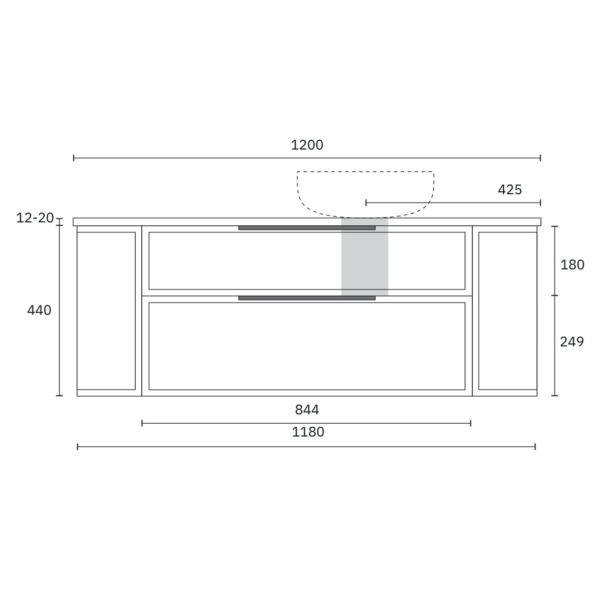 Technical Drawing Marquis Reef Wall Hung Vanity with Symphony Top REEF4-WH-ST - The Blue Space