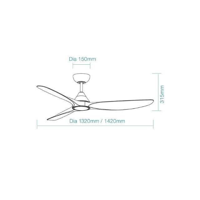 Line Drawing Martec Seaforth DC 1320mm Ceiling Fan with LED Light Matt Black/Teak MDCS1333MT - The Blue Space