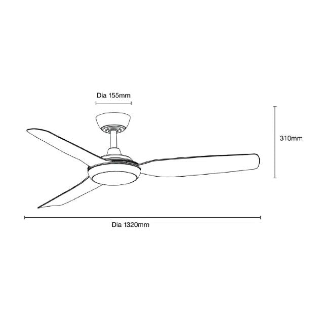 Line Drawing Martec Viper DC 4 1320mm Ceiling Fan with LED Light Matt Black MVDC1343M - The Blue Space