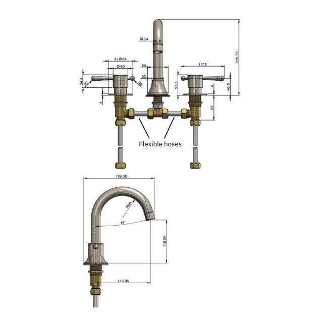 Technical Drawing Meir Harrington 3-hole Basin Set Brushed Nickel HB13-F-PVDBN - The Blue Space