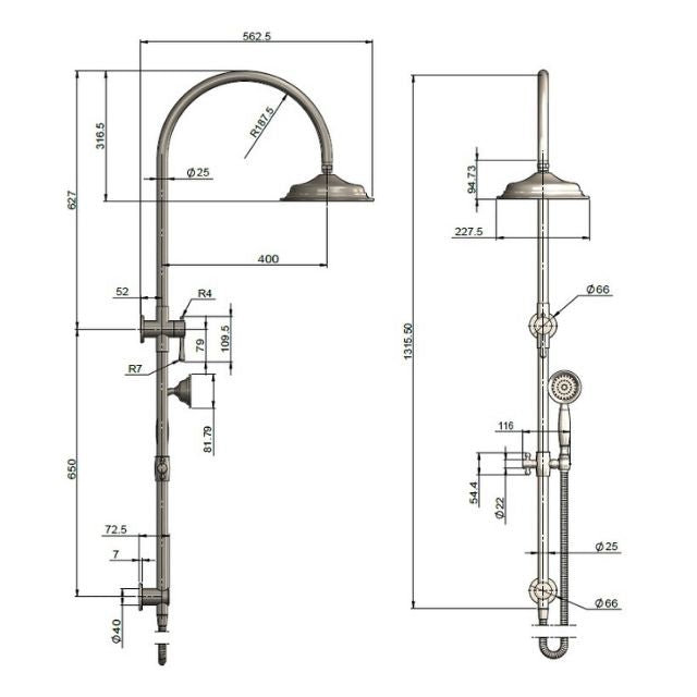 Technical Drawing Meir Harrington Combination Shower Rail Set Brushed Nickel HZ0704-PVDBN - The Blue Space