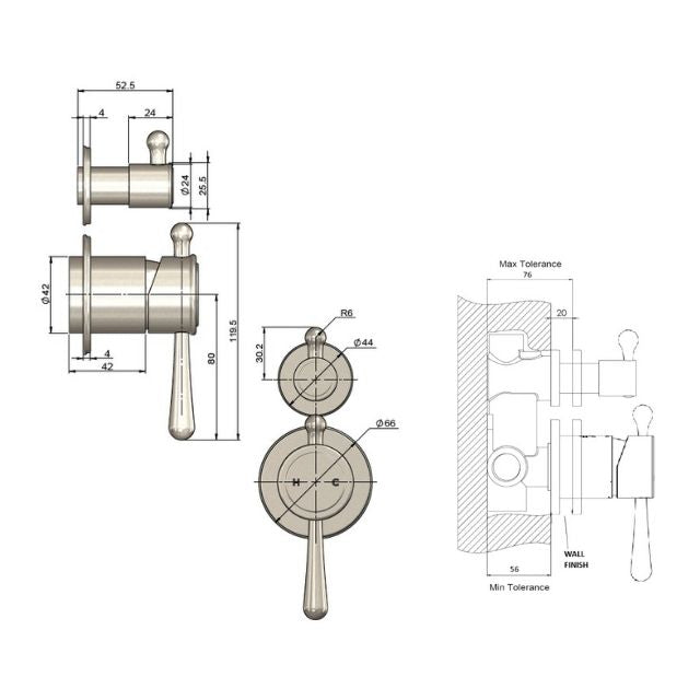 Technical Drawing Meir Harrington Diverter Mixer Trim Kit Brushed Nickel HW07TS-FIN-PVDBN - The Blue Space