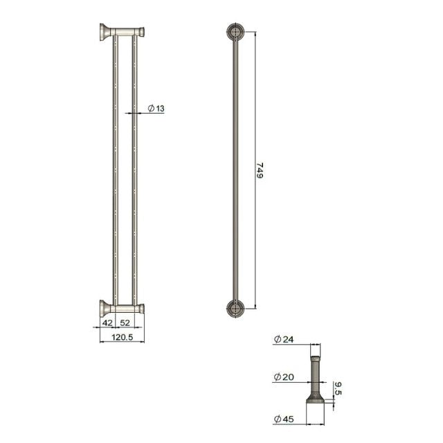 Technical Drawing Meir Harrington Double Towel Rail 750mm Brushed Nickel HR01-R-PVDBN - The Blue Space
