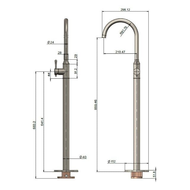 Technical Drawing Meir Harrington Freestanding Bath Mixer Brushed Nickel HB08-PVDBN - The Blue Space