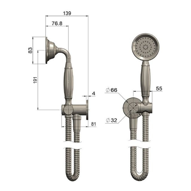 Technical Drawing Meir Harrington Hand Shower on Swivel Bracket Brushed Nickel HZ06-PVDBN - The Blue Space