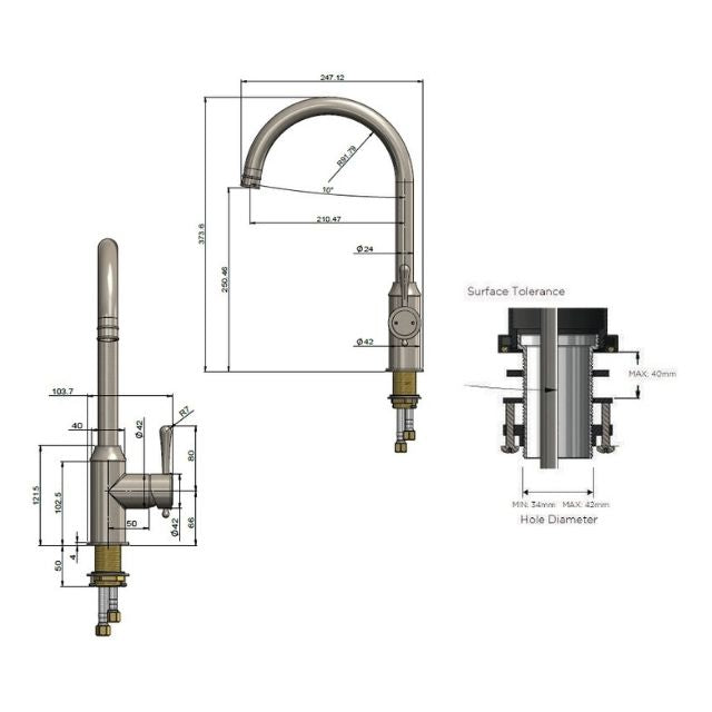 Technical Drawing Meir Harrington Kitchen Mixer with Swivel Spout Brushed Nickel HK03-PVDBN - The Blue Space
