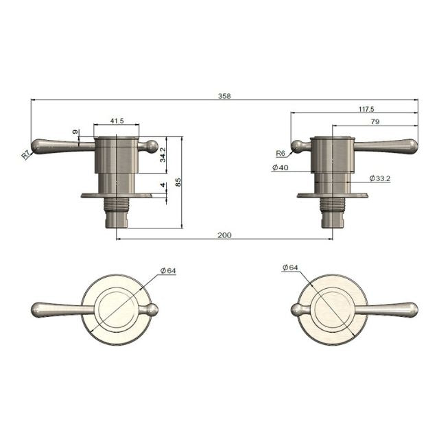 Technical Drawing Meir Harrington Quarter Turn Wall Tap Set Brushed Nickel HW06-PVDBN - The Blue Space