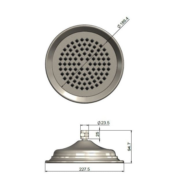 Technical Drawing Meir Harrington Shower Head 200mm Brushed Nickel HH04-PVDBN - The Blue Space