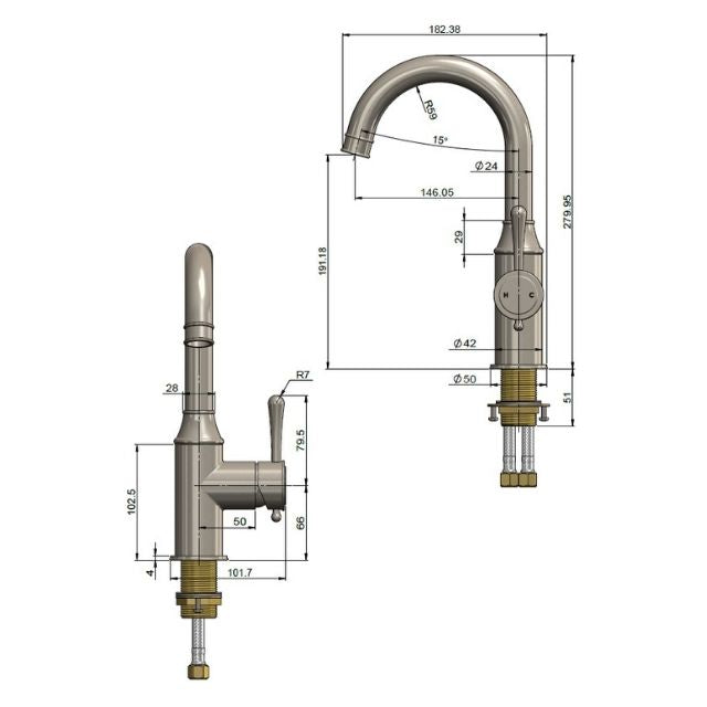 Technical Drawing Meir Harrington Tall Basin Mixer Brushed Nickel HB04-R3-PVDBN - The Blue Space