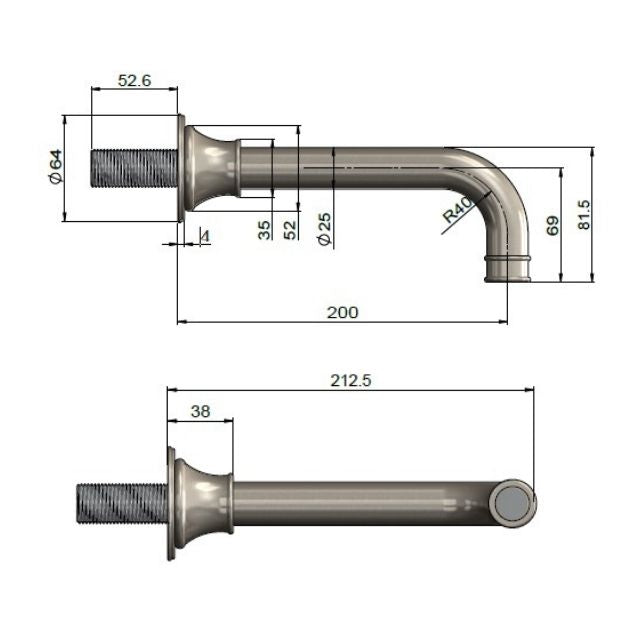 Technical Drawing Meir Harrington Wall Spout Brushed Nickel HS05-PVDBN - The Blue Space