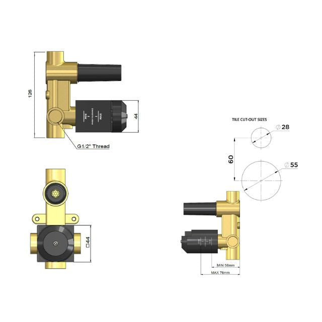 Technical Drawing Meir In-Wall Diverter Mixer Body MW27BDY - The Blue Space