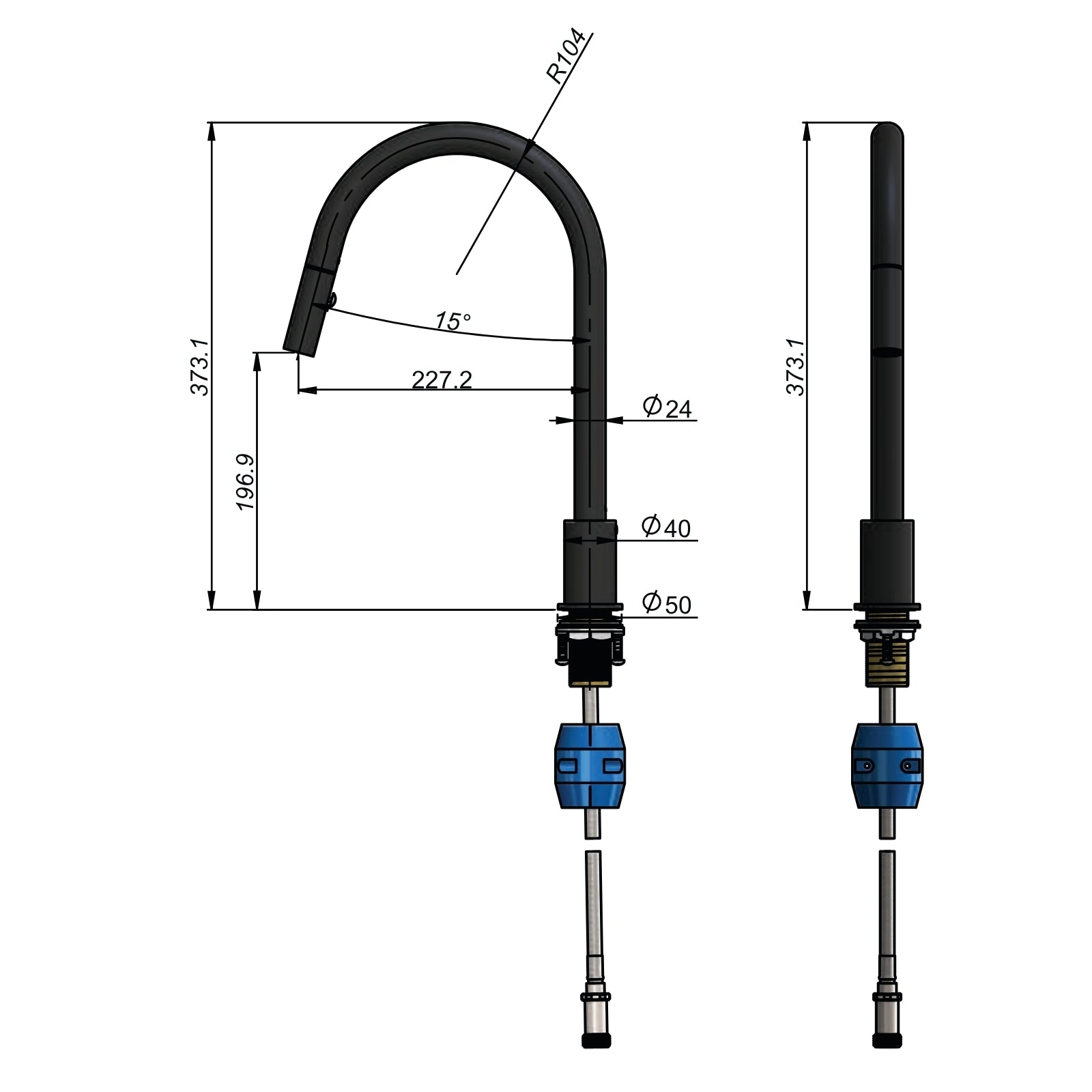 Technical Drawing Meir Kitchen Hob Spout with Pull Out Nozzle - Tiger Bronze MS18-PVDBB - The Blue Space