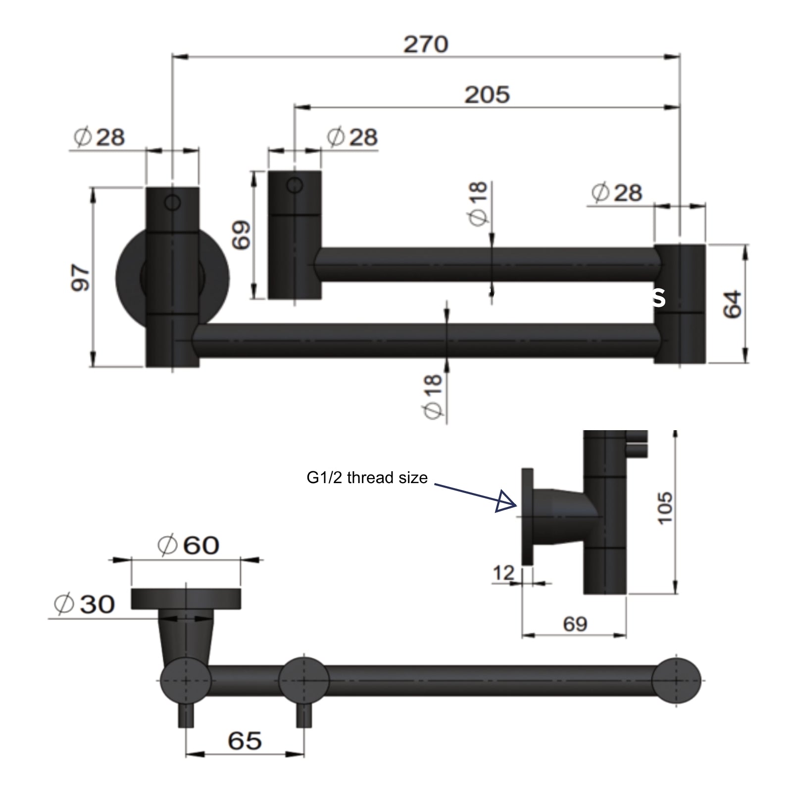 Technical Drawing Meir Kitchen Pot Filler - Tiger Bronze MK21-PVDBB - The Blue Space