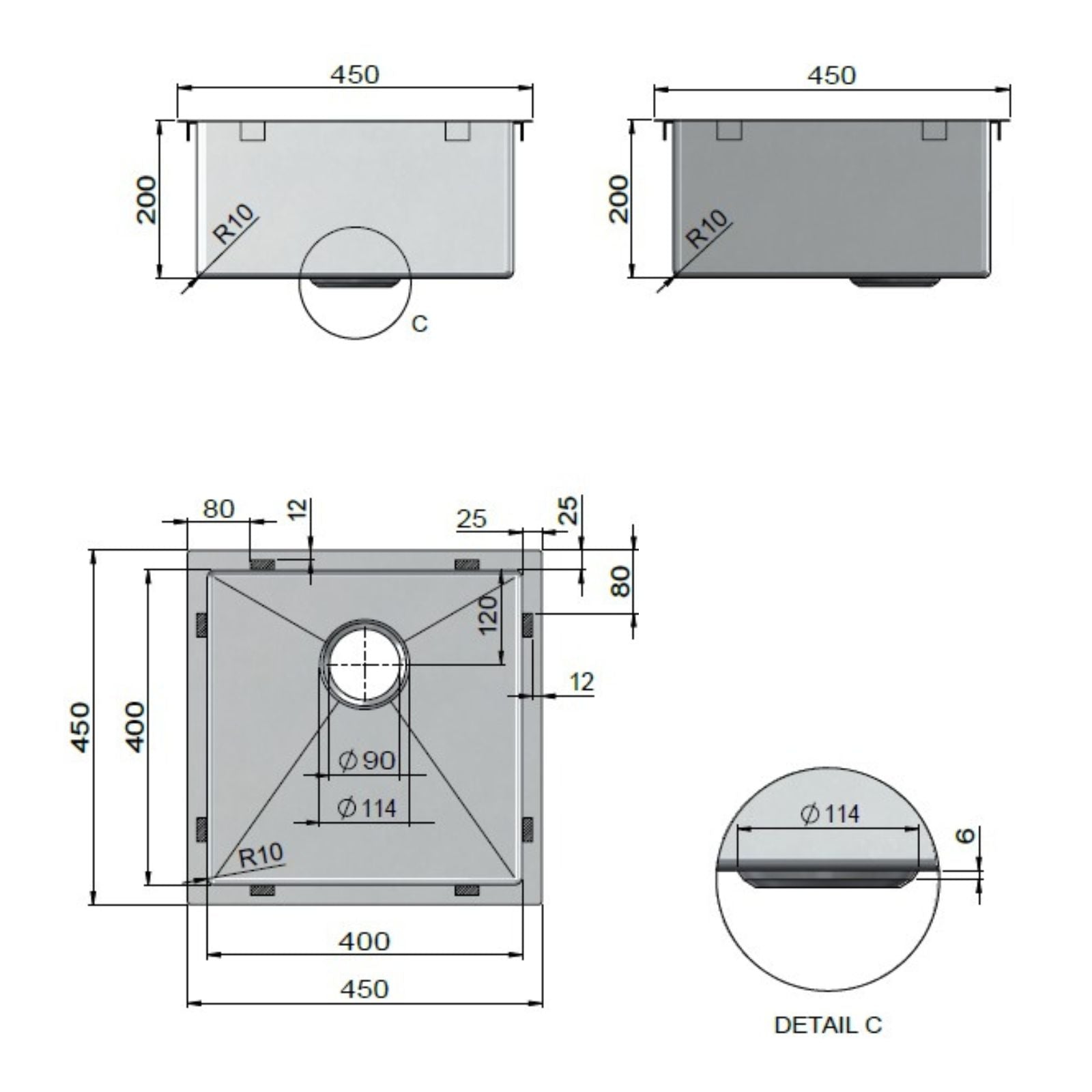 Technical Drawing Meir Kitchen Sink Single Bowl 450mm x 450mm - Brushed Nickel MKSP-S450450-PVDBN - The Blue Space