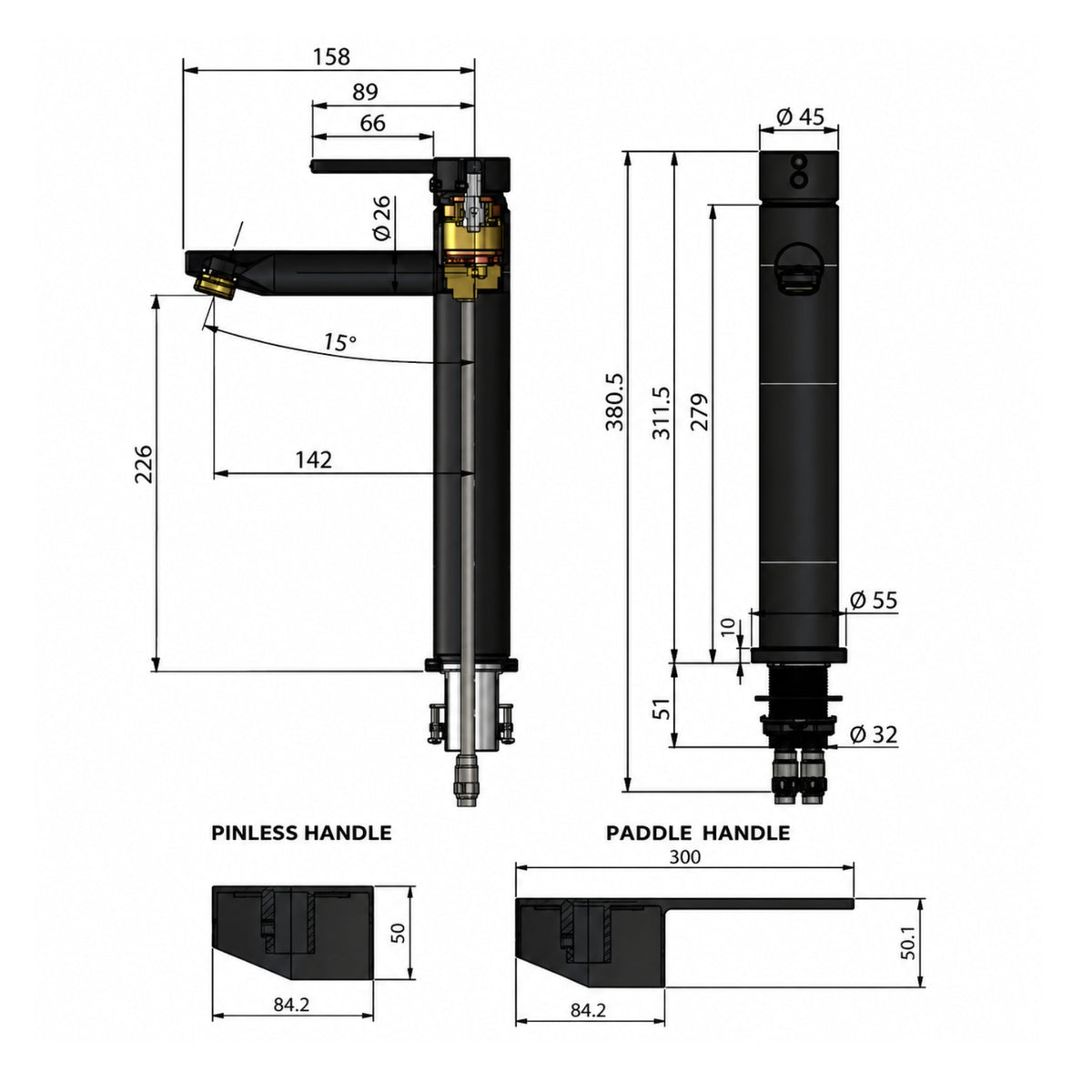 Line Drawing Meir Paddle Round Tall Basin Mixer - Champagne MB04PD-R2-CH - The Blue Space