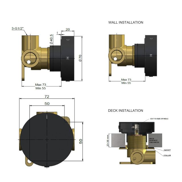 Technical Drawing Meir Progressive Mixer (In-Wall Body and Trim Set) Matte Black MW18 - The Blue Space