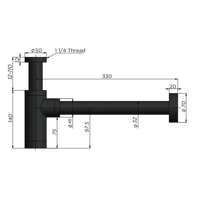 Technical Drawing Meir Round Bottle Trap for 32mm Basin Waste Brushed Bronze MP05F-R32-PVDBZ - The Blue Space