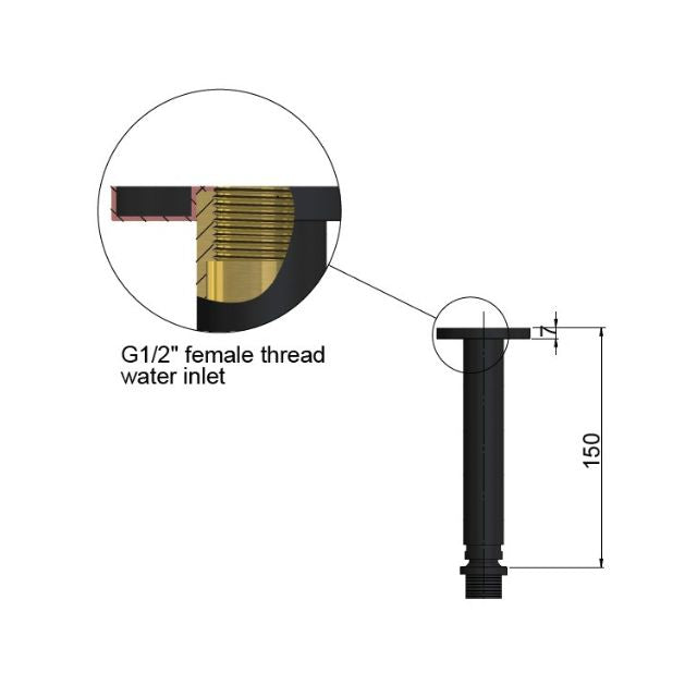 Technical Drawing Meir Round Ceiling Shower Arm 150mm Brushed Nickel MA07-150-PVDBN - The Blue Space