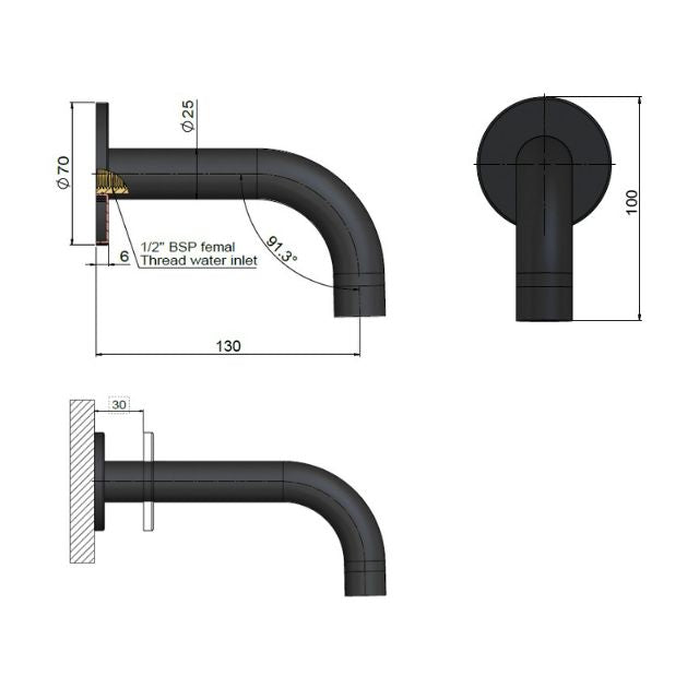 Technical Drawing Meir Round Curved Spout 130mm PVD Brushed Nickel MS05-130-PVDBN - The Blue Space